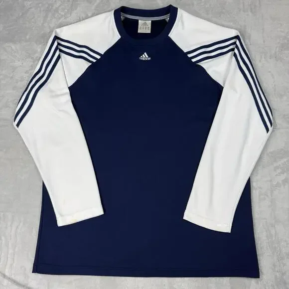 Y2K Adidas Long Sleeve Athletic Shirt White Navy Men's Large Relaxed 3-Stripes - Picture 1 of 9